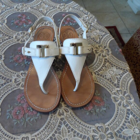Tory Burch White Leather Wedge Heel Sandals Size 7.5M - Picture 1 of 16